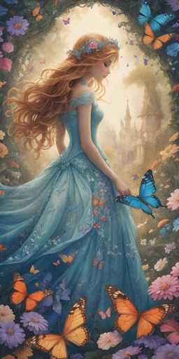 The image is a detailed, computer-generated illustration of a princess reminiscent of Cinderella, standing in a lush garden. She is depicted from the side, with her long, wavy, reddish-blonde hair cascading down her back. She wears a blue dress adorned with floral patterns and a matching blue headband. The princess is holding a large blue butterfly in her left hand, while numerous other butterflies of various colors, including orange, purple, and pink, flutter around her. The garden is filled with vibrant flowers in shades of purple, pink, and orange, and the scene is framed by a stone archway. In the background, a castle can be seen, adding to the fairy tale atmosphere. The overall composition is rich in detail, with a harmonious blend of colors and elements that create a magical, enchanting scene.