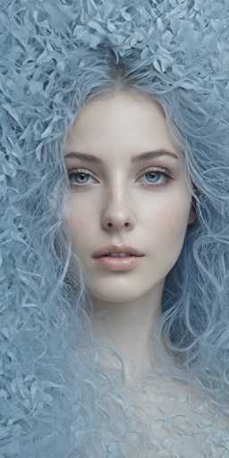This image features a young woman, likely in her late teens or early twenties, with a striking appearance. She has very pale skin and captivating blue eyes that are accentuated by her long, dark brown eyelashes. Her lips are a soft pink, and her expression is neutral, with her mouth slightly open, revealing her two front teeth. Her eyebrows are also dark brown, contrasting with her light blue hair, which appears to be dyed. The hair is styled in a way that it looks almost like a wig, with a feather-like texture and a light blue hue that complements her eyes. The image is cropped just below her neck, showing a hint of her bare shoulders. The background is a solid blue color, which enhances the overall cool tones of the image. The woman is looking directly at the camera, creating a sense of engagement with the viewer.