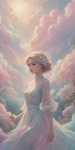 The image depicts a young woman with short blonde hair styled in a bun, adorned with a white clip. She has blue eyes and is wearing a long, flowing dress that transitions from white at the top to shades of pink and blue towards the bottom. The dress features a high collar and puffy sleeves that extend to her elbows, with a white belt cinching her waist. She is standing in a lush, dreamy landscape filled with vibrant pink and blue clouds that envelop the scene, creating a surreal atmosphere. The background includes green trees and a hint of sunlight peeking through the clouds, adding to the ethereal quality of the image. The woman appears to be holding the bottom of her dress, as if she is floating or walking through this fantastical, cloud-filled world.