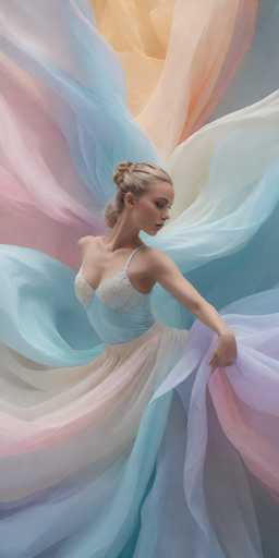 The image depicts a ballerina in a graceful pose, captured from a side view. She is adorned in a light blue, lacy bodice with thin straps, and a flowing skirt that transitions from light blue to pink and purple hues. Her blonde hair is styled in a bun, and she has a light complexion. The ballerina is holding the edges of her skirt with both hands, creating a dynamic, swirling effect around her. The background is a harmonious blend of light blue, pink, and purple shades, enhancing the ethereal quality of the scene. The overall composition is vertical, emphasizing the vertical movement and flow of the skirt.
