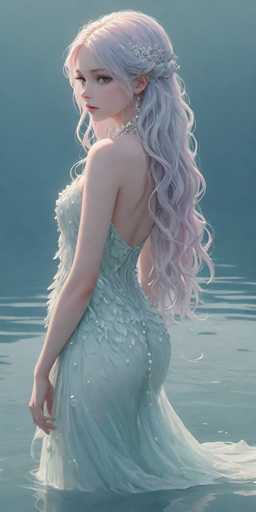 A serene, ethereal portrait of a young woman with long, flowing lavender hair and delicate features. She's partially submerged in calm, light blue water, wearing a pale mint green, intricately detailed gown that flares at the bottom. The focus is on her elegant pose and gentle expression, with soft lighting emphasizing the dreamy atmosphere. The art style leans towards digital painting, with a focus on delicate textures and soft gradients.