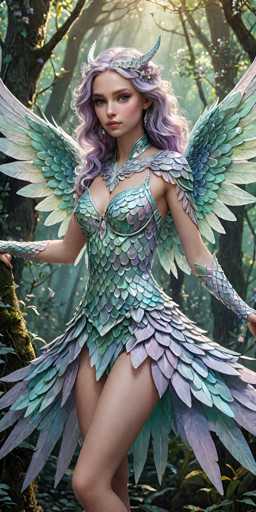 The image depicts a highly detailed, computer-generated fantasy character of a young woman with long, wavy purple hair. She stands in a lush, sunlit forest, surrounded by trees and bathed in natural light. The character is adorned in a striking outfit made of iridescent, metallic scales that shimmer in shades of green, purple, and blue. Her attire includes a low-cut top that reveals her cleavage and a short skirt that extends into a train-like tail, also adorned with scales. She has large, intricate wings that match her dress, featuring a gradient from green to purple. The character's accessories include a silver headband with a horn protruding from the left side of her head, and she wears long, metallic gloves that extend up to her biceps. Her expression is serious, and she gazes directly at the viewer, creating a captivating and mysterious presence.