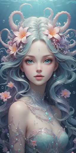 This image portrays a captivating, computer-generated or AI-generated, fantasy scene of a young woman with long, wavy, light blue hair adorned with pink flowers and octopus tentacles. She has striking blue eyes and wears a strapless, light blue dress that appears to be made of water or glass, with intricate details and a low neckline. The woman is positioned underwater, with sunlight filtering down from above, creating a serene and ethereal atmosphere. Her hair cascades around her, and the octopus tentacles curl gracefully around her head and shoulders, adding to the mystical quality of the scene. The overall composition is vertical, emphasizing the depth and tranquility of the underwater world.