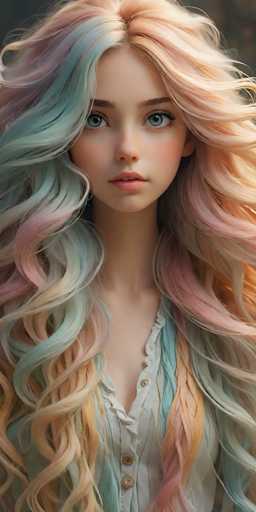 This image portrays a young woman with a strikingly realistic appearance, likely AI-generated. She has long, wavy hair that cascades down to her waist, featuring a blend of pastel colors including pink, blue, and yellow. Her hair is parted in the middle, with sections flowing over her shoulders and framing her face. She has fair skin, blue eyes, and brown eyebrows, with a hint of blush on her cheeks. Her lips are slightly parted, revealing her top teeth. She is dressed in a white button-up shirt with a low neckline, and the buttons are undone, adding to her casual yet captivating look. The background is a muted gray, which further accentuates her vibrant features and colorful hair.