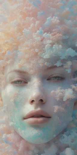 This image is a detailed, computer-generated artwork of a woman's face. The woman has a very pale complexion, almost white, with a hint of blue. Her eyes are a striking blue, and her lips are a soft pink. She has a very small nose and a full mouth. The woman's face is partially obscured by an array of colorful, cloud-like formations that resemble cotton candy. These clouds are predominantly pink, blue, and white, with some yellow hues. They cover her cheeks, forehead, and extend over her head, creating a surreal effect. The clouds are particularly dense around her neck and shoulders, giving the impression that she is emerging from or submerged in a sea of these fluffy formations. The overall composition is highly detailed and realistic, with the clouds appearing to blend seamlessly with her skin, creating a dreamlike, almost otherworldly atmosphere.