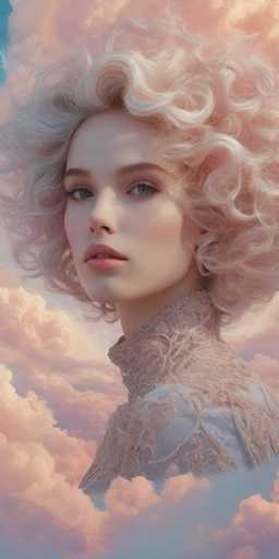 The image depicts a young woman with strikingly curly, short blonde hair that frames her face. Her hair is accentuated with pink highlights, adding a vibrant touch to her overall appearance. She has captivating blue eyes and full lips, which are slightly parted to reveal her top two teeth. The woman is dressed in a high-necked, lacy top that appears to be a blend of white and pink hues, adding to the ethereal quality of the image. She is positioned in the center of the frame, gazing directly at the viewer. The background is a dreamy sky filled with fluffy clouds in shades of pink, blue, and white, creating a surreal and enchanting atmosphere. The image is rectangular, with the length being three times the height, and it exudes a soft, almost otherworldly beauty.