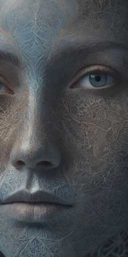 This image is a detailed, close-up painting of a woman's face, focusing on the right side of her face. The woman's skin is a dark grayish-blue color, adorned with intricate, light tan veins that resemble tree branches or vines, creating a textured pattern across her face. Her right eye, which is a striking blue, is fully visible, while only the edge of her left eye can be seen. She has a thin, straight nose and full lips that are closed, with a hint of pink on her lips. Her eyebrows are dark, and her eyelashes are long, adding to the intensity of her gaze. The overall composition is vertical, emphasizing the elongated features of her face.