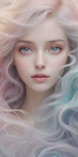 This image features a close-up of a young woman, likely in her late teens or early twenties, with a strikingly ethereal appearance. Her skin is exceptionally pale, almost giving her an otherworldly, doll-like quality. She has long, wavy hair that cascades past her shoulders, blending shades of pink, white, and blue. Her eyes are a captivating light blue, framed by long eyelashes and thin eyebrows. Her lips are a delicate pink, slightly parted to reveal her top teeth. The image is cropped just above her shoulders, focusing on her face and hair, with no other elements visible in the background. The overall effect is one of serene beauty and a touch of surrealism.