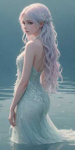 A woman with long blonde hair is standing in a body of water, wearing a white dress and holding a necklace. The background features a light blue color that contrasts with the darker blue water below her feet.