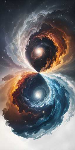 The image shows two overlapping spiral galaxies with a mix of orange and blue colors against a dark background. The galaxy on the left is slightly larger than the one on the right, creating an interesting visual effect.