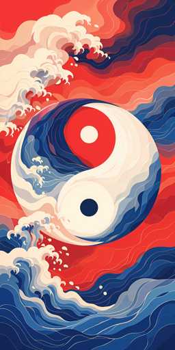 The image is a detailed, computer-generated artwork featuring a central yin-yang symbol. The yin-yang is depicted with a red circle on the left side, containing a white dot, and a white circle on the right side, containing a black dot. Surrounding the yin-yang are dynamic, wavy lines in various shades of blue, ranging from dark blue to light blue, with white accents that create a sense of movement and fluidity. These waves extend from the bottom left corner, across the bottom, and up the right side of the image. The background is a vibrant mix of red, orange, and yellow hues, adding to the overall energy and warmth of the composition. The entire image is framed in a vertical rectangle, with the yin-yang symbol prominently centered, making it the focal point of the artwork.