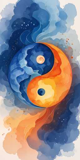 A vibrant, abstract digital painting depicting the Yin and Yang symbol in a fluid watercolor style. The composition is dominated by two swirling, semi-circular forms representing the opposing halves of the symbol – one in deep blue and the other in warm orange. The edges of these forms are softly blended, creating a sense of dynamic movement and interconnectedness. 

The background is a soft, ethereal blend of muted blues and oranges, with subtle splashes of white and darker hues adding depth and texture. Delicate wisps of paint extend outwards, suggesting an energetic flow within the artwork. The overall style is reminiscent of a modern watercolor painting with a digital touch, emphasizing organic shapes and flowing lines. The color palette is harmonious, creating a visually balanced and calming composition that embodies the concept of duality and balance.