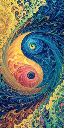 This image features a vibrant and intricate painting of a yin-yang symbol, rendered in a psychedelic style. The yin-yang is positioned centrally, with the left side predominantly yellow and the right side mainly blue, though both sections are interspersed with swirling patterns of various colors. The yellow side contains hints of orange, pink, and red, while the blue side includes shades of green, turquoise, and purple. The swirls within the yin-yang are reminiscent of peacock feathers, adding to the intricate and mesmerizing design. Surrounding the central symbol, the background is filled with additional swirling patterns in a kaleidoscope of colors, including yellow, blue, green, and orange, creating a dynamic and visually stimulating composition. The overall effect is one of fluidity and movement, with the colors blending seamlessly into one another, making the entire piece a captivating display of psychedelic artistry.