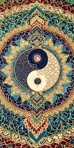 This image features a detailed and intricate design centered around a prominent yin-yang symbol. The yin-yang, positioned centrally, is composed of two distinct halves: the left side is navy blue with a white swirl, while the right side is white with a navy blue swirl. Surrounding the yin-yang are concentric circles adorned with various patterns. The innermost circle features a gold outline, followed by a red circle, and then a larger circle with a gold outline. 

The design is rich in color, incorporating shades of navy blue, white, red, gold, and green. The outermost part of the image is framed by a burgundy border, which is decorated with intricate gold lines and shapes. The entire composition is set against a dark blue background, enhancing the vividness of the colors used. The overall effect is a visually striking and harmonious blend of traditional symbolism and ornate design.