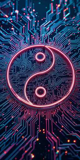 The image features a striking digital artwork set against a black background. At the center, a glowing neon pink circle captures attention, with a smaller, similarly illuminated circle inside it. This smaller circle is divided into two distinct halves: the top half is a vibrant neon pink, while the bottom half is a deep black. The black section contains a tiny, luminous pink circle, creating a dynamic contrast. Surrounding the central design, intricate lines resembling those found on a circuit board radiate outward, adding a technological flair to the composition. The overall effect is a mesmerizing blend of digital artistry and neon luminosity.