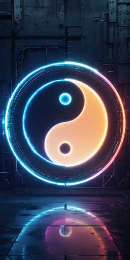 The image depicts a striking, futuristic scene dominated by a large, illuminated yin-yang symbol at its center. The yin-yang, glowing in vibrant neon hues of blue and orange, is encased within a circular border that features a gradient of colors, transitioning from blue to purple to orange. This central emblem is set against a dark, industrial backdrop that resembles a high-tech, possibly dystopian environment. The background is composed of dark gray and black metallic surfaces, with intricate patterns and lines that evoke the appearance of a circuit board or a complex control panel. The floor beneath the yin-yang is reflective, mirroring the symbol's colors and adding to the overall futuristic ambiance. The entire scene is devoid of any text, focusing solely on the visual elements to convey its high-tech, otherworldly feel.