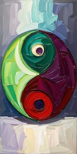 This image is a detailed painting of a yin-yang symbol, prominently featured in the center. The yin-yang is composed of two distinct halves: the left side is green with a white swirl, while the right side is purple with a red swirl. At the core of each swirl, there is a smaller circle—white within the green and purple sections, and purple within the red section. The background is a textured blend of various shades of blue, purple, and gray, with visible brush strokes adding depth and dimension. The painting is set against a backdrop that transitions from darker hues at the top to lighter tones at the bottom, creating a gradient effect. The entire composition is framed within a rectangular shape, with the top and bottom sides twice as long as the left and right sides.