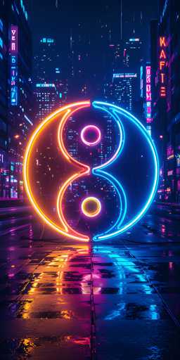 The image depicts a vibrant, neon-lit cityscape at night, reminiscent of a futuristic Tokyo. Dominating the foreground is a large, glowing yin-yang symbol, with the left side illuminated in orange and the right side in blue. Each half of the yin-yang features a smaller circle: the orange side has a pink circle, while the blue side has an orange circle. The symbol is set against a backdrop of towering skyscrapers adorned with neon signs in various colors, including pink, blue, and yellow. The wet streets reflect the neon lights, enhancing the scene's vivid, almost surreal atmosphere. The overall composition suggests a blend of traditional Asian elements with a modern, cyberpunk aesthetic.