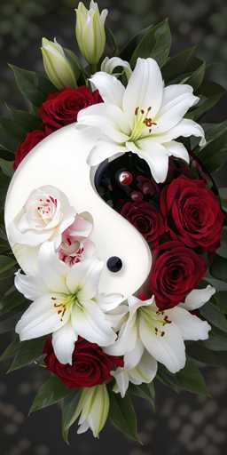 This image features a meticulously crafted yin-yang symbol made from a bouquet of flowers. The left side of the yin-yang is white, while the right side is black. The white section is adorned with red roses and white lilies, interspersed with green leaves. The black section mirrors this arrangement with red roses and white lilies, but also includes a striking red gemstone at the top and a black gemstone at the bottom. The background is a dark gray, almost black, with a subtle pattern of light gray dots, adding depth to the composition. The overall effect is a harmonious blend of natural elements and symbolic design, creating a visually captivating and balanced image.