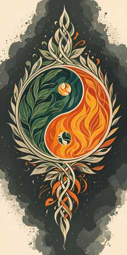 This image features a detailed and vibrant depiction of a yin-yang symbol, intricately designed with a blend of natural and abstract elements. The central yin-yang is enclosed within a diamond-shaped frame, which is adorned with a swirling pattern of green and white leaves. The left side of the yin-yang is predominantly green, with a small white and orange circle at its center, while the right side is orange, featuring a similar white and green circle. Surrounding the diamond shape is a dynamic swirl of orange and yellow, resembling flames, which adds a sense of movement and energy to the composition. The background is a rich tapestry of dark gray, black, and white, with splashes of paint creating a textured, almost cosmic effect. The entire image is set against a light tan backdrop, enhancing the contrast and making the vibrant colors pop. The overall effect is a striking and harmonious blend of traditional symbolism and modern artistic expression.