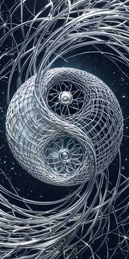 The image depicts a detailed, computer-generated graphic of a silver, spherical object resembling a planet or a moon, set against a dark blue, starry background. The sphere is intricately designed with a mesh-like pattern, giving it a textured appearance. At the center of the sphere, there is a prominent swirl that divides it into two distinct halves. Each half features a flower-like design with a circular center, and the swirls extend outward, creating a dynamic, almost yin-yang effect. Surrounding the central sphere, numerous silver lines and wires swirl around, adding to the complexity of the image. The overall composition is striking, with the silver elements contrasting beautifully against the dark, starry backdrop.