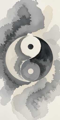 This image features a detailed watercolor painting of a yin-yang symbol, centrally positioned against a light gray background. The yin-yang is composed of two overlapping circles, each with distinct internal details. The left circle, predominantly white, contains a smaller black circle at its top center. The right circle, mostly black, features a smaller white circle at its bottom center. Surrounding the yin-yang are various shades of gray, creating a cloud-like effect that extends from the top to the bottom of the image. The entire composition is rendered in black, white, and gray tones, with no additional text or elements present.
