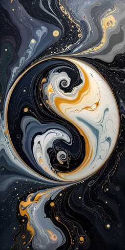 This image features a striking, abstract painting of a yin-yang symbol, rendered in a style reminiscent of fluid art. The central focus is a large, swirling yin-yang that dominates the composition, with intricate patterns of white, black, and gold. The swirls extend outward, creating a dynamic and almost cosmic effect. The background is a deep, dark blue, almost black, dotted with small, gold specks that resemble stars, enhancing the celestial feel of the artwork. The overall effect is one of fluidity and movement, with the colors blending seamlessly into each other, making it a visually captivating piece.