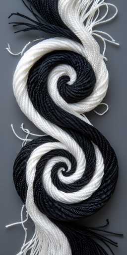 The image shows an abstract piece of art featuring a black and white spiral design composed of multiple strands of yarn twisted together in a swirling pattern. The artwork is displayed against a gray background, which contrasts with the vibrant colors of the yarn.