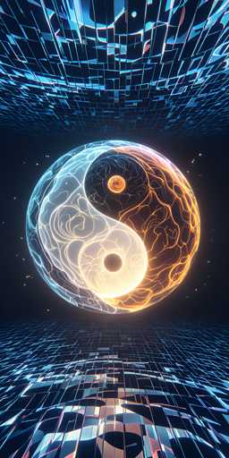 The image features a striking 3D rendering of a yin-yang symbol set against a dark, almost black background. The yin-yang is centrally positioned, with the left side predominantly white and the right side primarily orange, each containing a smaller circle at its center. Surrounding the yin-yang is a glowing aura that enhances its prominence. The background is adorned with a grid-like pattern of blue and black lines, creating a sense of depth and texture. Additionally, there are small white dots scattered around the symbol, resembling stars, which add a mystical element to the composition. The overall effect is a visually captivating blend of traditional symbolism and modern, digital artistry.