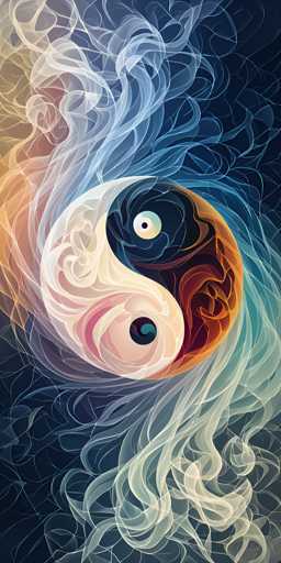 The image is a detailed, computer-generated artwork featuring a central yin-yang symbol. The yin-yang is composed of intricate swirls and patterns, with the left side predominantly white and the right side a mix of dark blue, orange, and red. The swirls within the symbol are more defined and less abstract on the left, while they become more fluid and abstract on the right. Surrounding the yin-yang are swirling patterns of blue, white, and gray that extend from the top to the bottom of the image, creating a sense of movement and depth. The background transitions from a dark blue at the bottom to a lighter blue at the top, with additional swirls of orange and yellow on the left side. The overall composition is vertical, with the swirls and patterns becoming more dynamic and abstract towards the bottom, giving the impression of a cosmic dance.