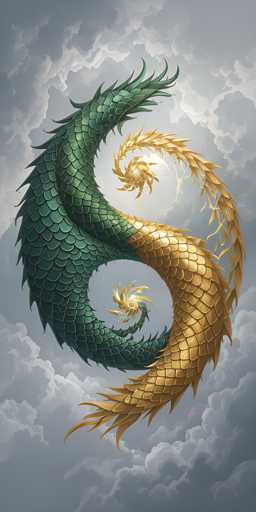 The image depicts a fantastical creature with a long, serpentine body that resembles a dragon or a snake. The creature's body is divided into two distinct color sections: the upper half is a vibrant green, while the lower half is a golden yellow. Both sections are covered in scales, with the green part featuring darker scales on its belly and lighter, more yellowish scales on its back. The creature's head is adorned with a golden mane that extends from its mouth, swirling around its body and tapering off into leaf-like shapes at the ends. The background is a cloudy sky with varying shades of gray, white, and blue, creating a mystical atmosphere. The creature's body curves gracefully, with its head positioned at the top and its tail curling around to the bottom, giving the impression of it floating in mid-air. The overall scene is set against a backdrop of fluffy clouds, enhancing the ethereal and otherworldly quality of the image.