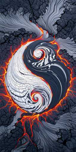 The image shows an abstract painting with a black and white color scheme. The central focus is a yin-yang symbol composed of two swirls - one black and one white - surrounded by flames that appear to be in motion. The background features a dark blue hue with a patterned texture, adding depth and complexity to the overall composition.