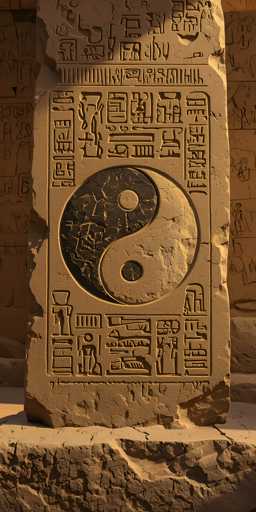 The image depicts a detailed stone tablet, likely of Egyptian origin, featuring intricate carvings and hieroglyphics. The central focus is a prominent yin-yang symbol, with the left half colored black and the right half white, each containing a smaller circle at its center. Surrounding the yin-yang are various hieroglyphics, including symbols that resemble a fish, a person, and a bowl. The stone tablet is set against a backdrop of additional hieroglyphics on a wall, suggesting it is part of a larger archaeological site. The scene is illuminated by sunlight, casting shadows and highlighting the textures of the stone. The tablet rests on a flat stone surface, further emphasizing its significance and age.