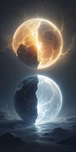 The image depicts a surreal, computer-generated scene set in a dark, mountainous landscape. Dominating the composition are two large, cracked spheres positioned one above the other. The upper sphere is a glowing yellowish-orange, with a dark brown left side and a lighter, almost white right side, resembling a cracked egg shell. The lower sphere is predominantly dark blue, with a light blue right side, also cracked, and appears to be sitting on a reflective surface, possibly water. The background features a night sky with a few stars and a faint moon, adding to the otherworldly atmosphere. The overall color palette includes shades of black, gray, white, yellow, orange, and blue, enhancing the eerie, sci-fi feel of the scene.