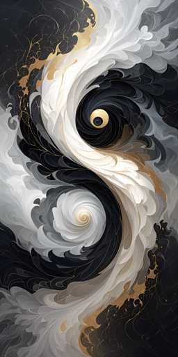 The image features a swirling, abstract design with two prominent, intertwined forms. One is predominantly white and light gray, spiraling inwards towards a central gold point, while the other is dark black with lighter gray accents. Delicate golden lines and textures weave throughout, adding a sense of dynamic movement. The overall style is digital art with a painterly, ethereal quality, emphasizing flowing curves and contrasting tones.