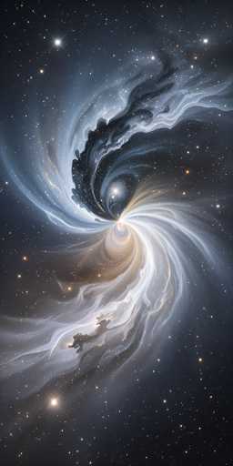 The image depicts a mesmerizing cosmic scene, likely a computer-generated illustration of a galaxy or nebula. Dominated by a dark, almost black background speckled with countless stars of varying sizes and brightness, the central focus is a swirling vortex. This vortex, resembling a tornado or hurricane, features a luminous core that transitions from a bright yellow to a deep orange. From this core, wispy, smoke-like tendrils spiral outward, initially appearing white and gradually blending into shades of blue and gray. These tendrils twist and curl, creating a dynamic sense of motion. The overall effect is a stunning, ethereal display of cosmic energy and beauty, with the interplay of light and color drawing the viewer's eye to the luminous center of the swirling mass.