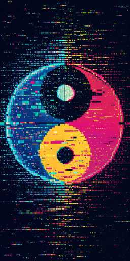 The image features a striking, computer-generated yin-yang symbol set against a black background. The symbol is composed of two distinct halves: the left side is predominantly blue with a yellow circle at its center, while the right side is primarily red with a blue circle at its core. Surrounding the central yin-yang are numerous small, colorful dots in hues of yellow, blue, green, pink, and red, which create a vibrant, almost pixelated effect. These dots are scattered across the image, giving it a dynamic and energetic appearance. The overall composition is visually captivating, blending traditional symbolism with modern digital artistry.