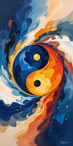 This image is a vibrant and intricate painting of a yin-yang symbol, set against a dynamic background of swirling colors. The yin-yang, positioned centrally, features a blue top half with a yellow circle in the middle, and an orange bottom half with a blue circle in the center. Surrounding the yin-yang are numerous swirling patterns in shades of blue, orange, yellow, and white, creating a sense of movement and depth. The background transitions from darker blues in the top left corner to lighter blues and whites towards the bottom right, with additional splashes of orange and yellow. The painting is rectangular, approximately six inches high and three inches wide, and is signed in the lower right corner with a white cursive signature that appears to read "M. Haldeman." The overall effect is a mesmerizing blend of colors and shapes that draw the viewer's eye to the harmonious yin-yang at the center.