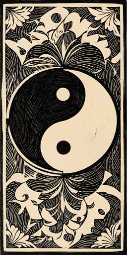 This image features a detailed black and white drawing of a yin-yang symbol prominently centered within a vertically oriented rectangular frame. The yin-yang, depicted with a black circle on the left and a white circle on the right, each containing a smaller circle of opposite color, is surrounded by intricate floral and leafy patterns. These patterns, rendered in black with white lines, extend from the top to the bottom of the image, creating a harmonious and balanced composition. The entire drawing is bordered by a thin black line, followed by a slightly thicker white line, and then another thin black line, giving it a framed appearance. The overall effect is a striking and elegant representation of the ancient yin-yang concept, enhanced by the detailed and symmetrical floral elements.