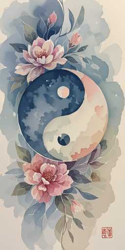 This image is a detailed watercolor painting of a yin-yang symbol, set against a light gray background. The yin-yang symbol is centrally positioned, with the left side colored in dark blue and the right side in light pink. The dark blue side features a light pink circle, while the light pink side contains a dark blue circle. Surrounding the yin-yang symbol are two large, pink flowers with light pink petals and darker pink centers, one positioned above and the other below the symbol. These flowers are accompanied by green leaves, some of which are dark green and others light green. The entire composition is framed by a border of light blue watercolor, with additional green and light blue leaves extending from the bottom. In the bottom right corner, there is a red square containing Asian characters, adding a traditional touch to the artwork.