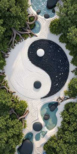 The image shows an aerial view of a Zen garden with a large black and white yin-yang symbol at the center surrounded by smaller rocks and plants. The garden is situated within a park setting, featuring trees and water features that contribute to its serene atmosphere.