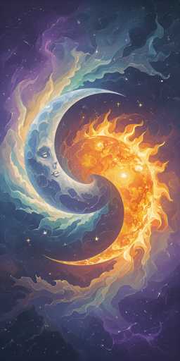 The image is a detailed, computer-generated artwork depicting a cosmic scene. At the center, a crescent moon with a human-like face, featuring closed eyes, a nose, and a slightly open mouth, is positioned on the left side. The moon's surface is textured with blue and white clouds. To the right of the moon, a radiant sun with orange and yellow hues emits flames that extend outward. Surrounding the central figures, wispy clouds in shades of blue, purple, and white swirl around, creating a dynamic atmosphere. The background is a deep, dark blue sky dotted with numerous stars, enhancing the celestial theme. The entire composition is framed within a rectangular shape, with the left and right sides being twice as long as the top and bottom sides.
