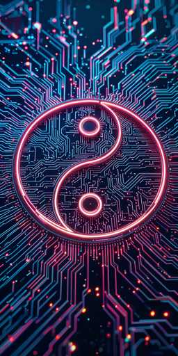 The image shows a close-up view of a computer circuit board with two yin and yang symbols at the center. The symbols are illuminated by neon pink lights against a dark blue background, creating a striking contrast. The circuit board is filled with numerous small lines and dots, representing the intricate connections within the device.