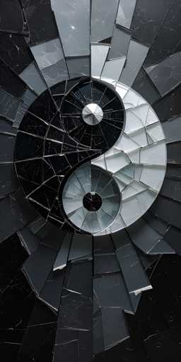 The image depicts a striking arrangement of shattered glass pieces forming a yin-yang symbol. The glass fragments vary in color from deep black to light gray, with some pieces appearing almost white. The yin-yang design is intricately detailed, featuring a black circle on the left and a white circle on the right, each containing a smaller circle at its center. Surrounding the central yin-yang motif, the glass pieces radiate outward in a starburst pattern, creating a dynamic and visually captivating composition. The overall effect is a mesmerizing interplay of light and shadow, with the reflective surfaces of the glass adding depth and complexity to the image.