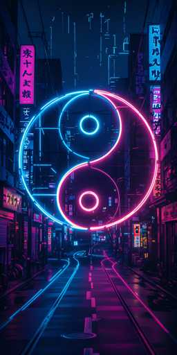 The image shows a neon sign with two yin and yang symbols arranged in the shape of a circle on a city street at night. The background is dark blue, creating a contrast with the bright neon colors of the signs. There are several buildings visible in the distance, adding depth to the scene.