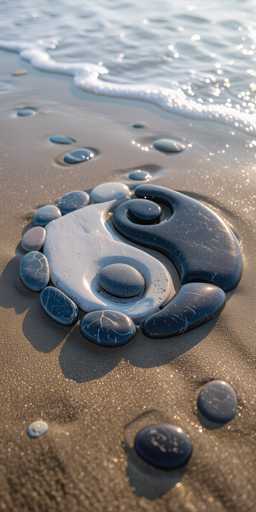 The image depicts a serene beach scene with a meticulously arranged yin-yang symbol at its center. The symbol is crafted from smooth, dark gray and white stones, with the white stone on the left and the dark gray on the right, both featuring intricate white lines. Surrounding the yin-yang are additional smooth stones scattered across the wet, dark brown sand, which sparkles under the sunlight. The ocean waves gently lap at the shore, creating a frothy white line that contrasts with the darker water. The overall composition is tranquil, with the natural elements harmoniously blending to form a striking visual representation of balance.