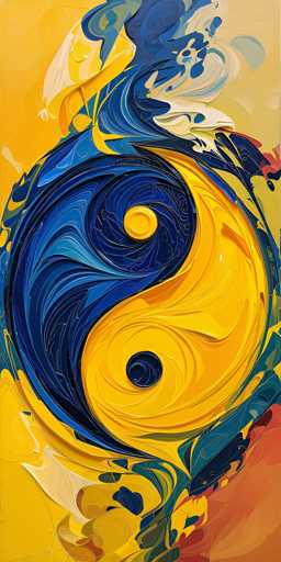 This image is a detailed painting of a yin-yang symbol, rendered in a vibrant and abstract style. The yin-yang, which is the central focus of the artwork, is composed of swirling patterns of dark blue and bright yellow. The blue section features a yellow circle at its center, while the yellow section contains a dark blue circle at its core. These swirls extend outward, blending into the background, which is a mix of yellow and orange hues. The background also includes additional colors such as red, green, and white, adding depth and complexity to the composition. The painting appears to be created with thick, textured brushstrokes, giving it a dynamic and almost three-dimensional quality. The overall effect is a striking and visually engaging piece that combines traditional symbolism with modern, abstract artistry.