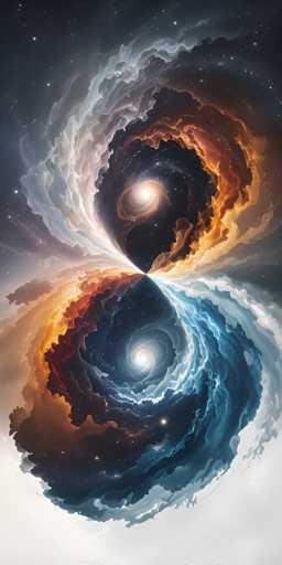 This image is a detailed, computer-generated artwork depicting two galaxies set against a dark, star-studded night sky. The composition is vertically oriented, with the galaxies positioned centrally. The top galaxy is predominantly orange, while the bottom galaxy is blue. Both galaxies exhibit intricate swirls and spirals, with their centers glowing brightly. The orange galaxy's core radiates a yellowish-orange light, and the blue galaxy's core emits a white light. Surrounding the galaxies are wispy, cloud-like formations that blend seamlessly into the starry background, creating a sense of depth and cosmic beauty. The overall effect is a mesmerizing blend of colors and textures that captures the awe-inspiring vastness of the universe.