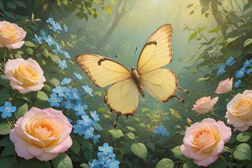 The image is a detailed, computer-generated painting of a large, yellow butterfly with brown-tipped wings and a long, brown body. The butterfly, which has two black antennas, is positioned in the center of the image, flying towards the right. Surrounding the butterfly are vibrant pink roses with yellow centers, primarily located in the bottom left and right corners of the image. Interspersed among the roses are clusters of small blue flowers, each with five petals and a yellow center, forming a U-shape around the butterfly. The background features a lush, green forest with trees and bushes, through which sunlight filters, creating a bright, ethereal glow. The overall scene is set in a serene, natural environment, emphasizing the beauty and tranquility of the moment.