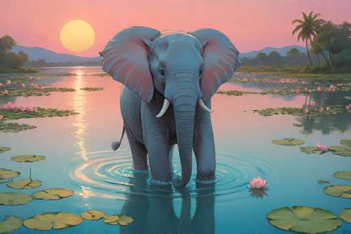 This detailed illustration depicts a serene scene of an elephant wading through a tranquil pond at sunset. The elephant, with its gray skin and white tusks, stands in the center of the image, facing the viewer. Its large ears, adorned with pinkish-red hues, are prominently displayed. The water around the elephant is a light blue, reflecting the warm pink and orange tones of the sky above. The pond is dotted with green lily pads and pink lotus flowers, adding to the picturesque setting. To the right, a palm tree stands tall, while the left side features additional trees and bushes. In the background, a mountain range stretches across the horizon, with the sun setting on the left, casting a golden glow over the entire scene. The overall composition is rich in detail, capturing the peaceful ambiance of the moment.